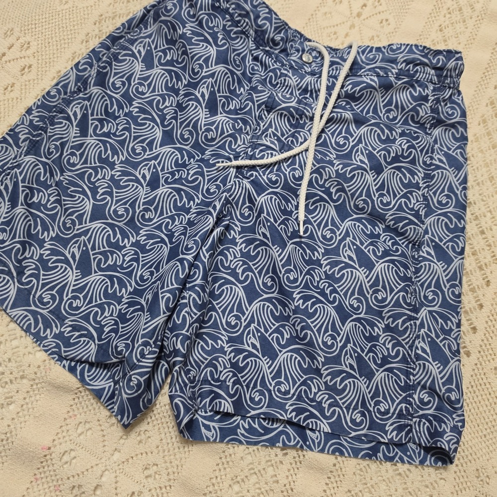 Southern Tide Stretch Mens Size‎ Small Wave Print Swim Trunks Blue White